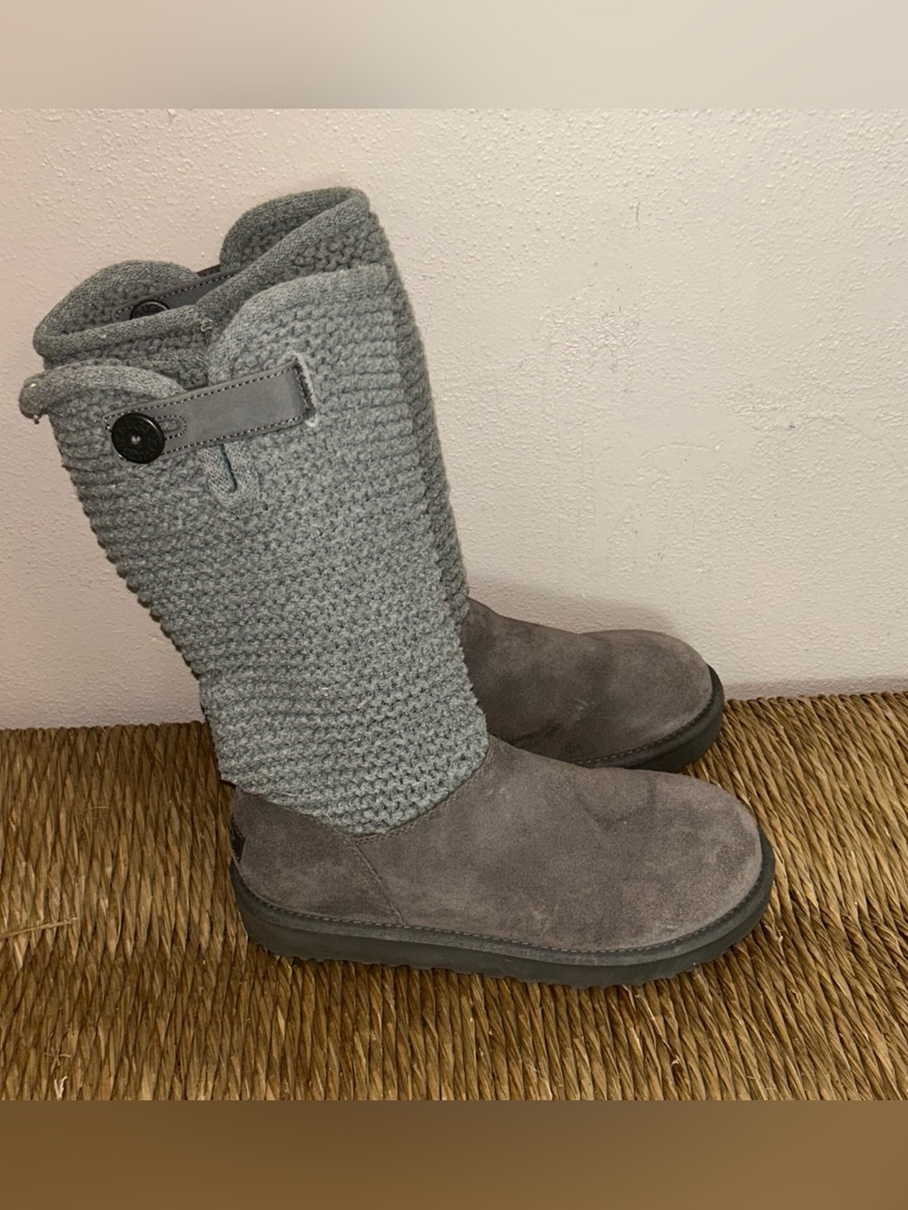 UGG Gray Knit Suede Mid-Calf Button sweater Boots